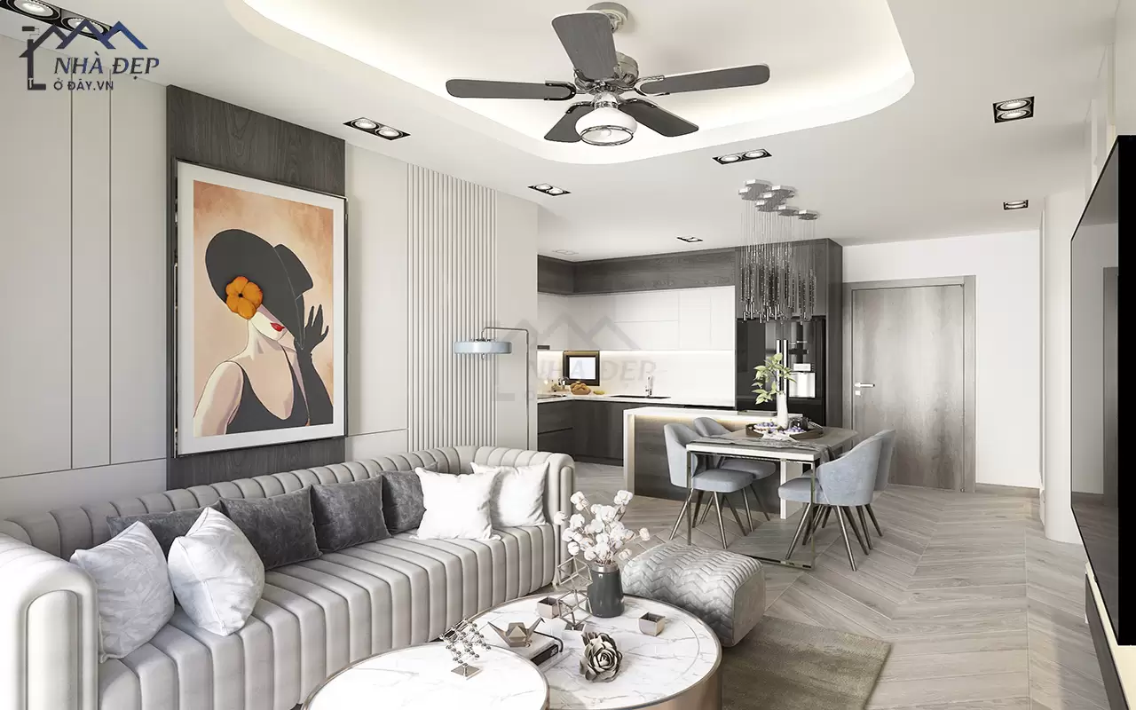 Thiết kế nội thất phòng khách chung cư với gam màu ghi xám hợp với mệnh gia chủ