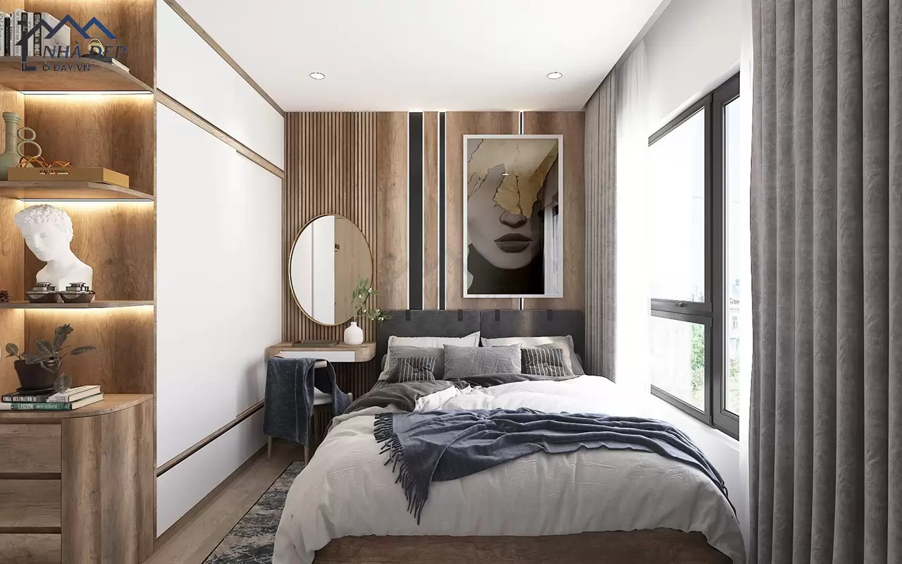 Vách đầu giường ốp gỗ đồng màu nội thất